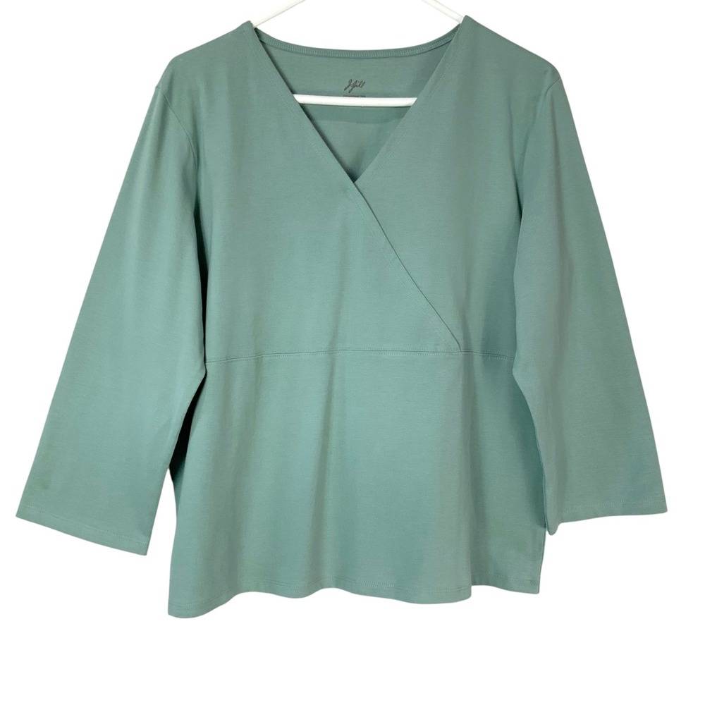 J. Jill Crossover Tee Surplice V-Neck 3/4 Sleeve Sage Green Cotton Stretch L